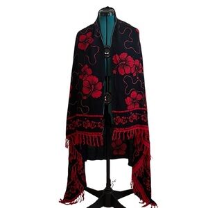 2/$30 Caribe Black and Red Floral Shawl with Fringe